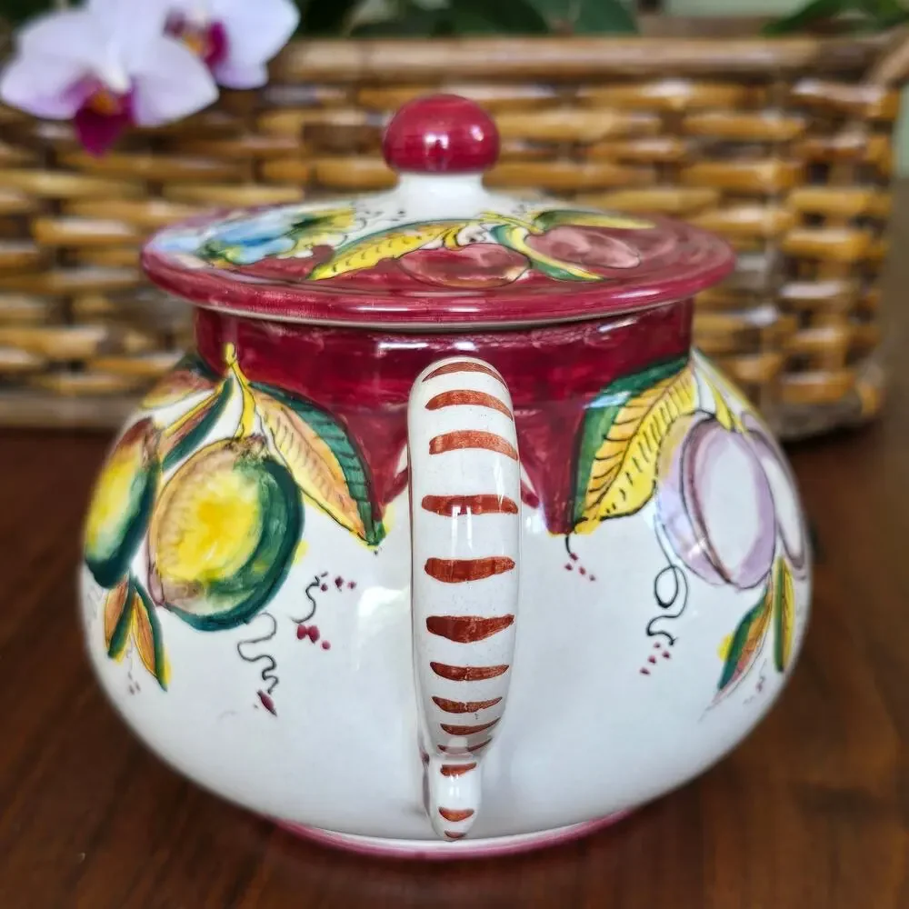 Deruta Hand Painted Teapot Red Multi Summer Fruit Italy Cottagecore Gardencore